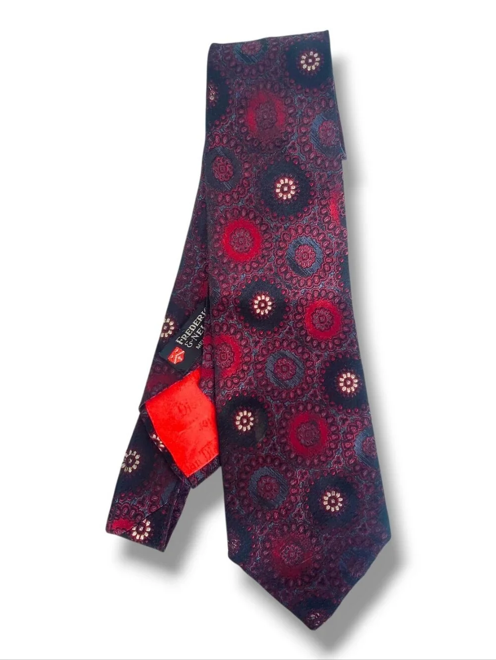 Rare Christian Dior Necktie Frederick & Nelson Seattle Silk Tie Red Blue Medalli